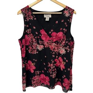 Women's XL Black Pink Floral Whimsy Goth Fantasy Fairy Sleeveless Casual Blouse